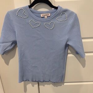 Nanette Lenore Pearl Heart Embellished Short Sleeve Sweater Light Blue Medium